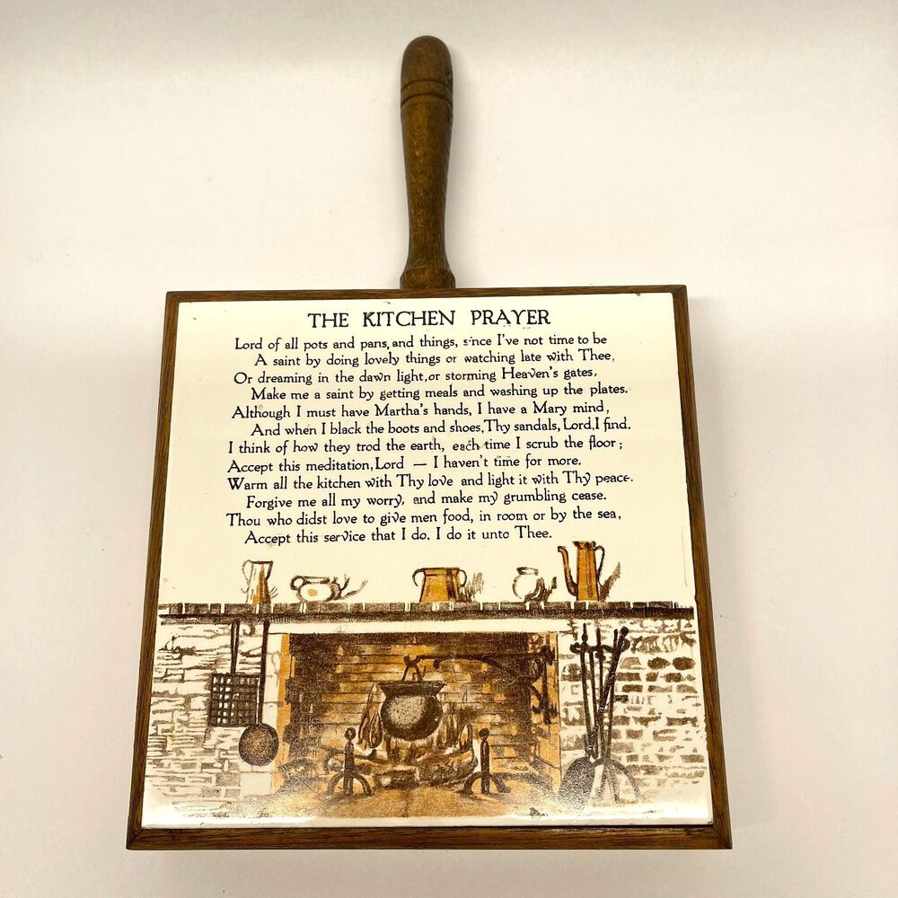 Vintage Mid Century The Kitchen Prayer Wood Framed Ceramic Tile Trivet Japan